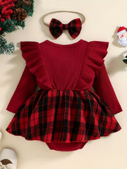 2pcs Baby Girls Christmas Plaid Stitching Skirt Romper Set