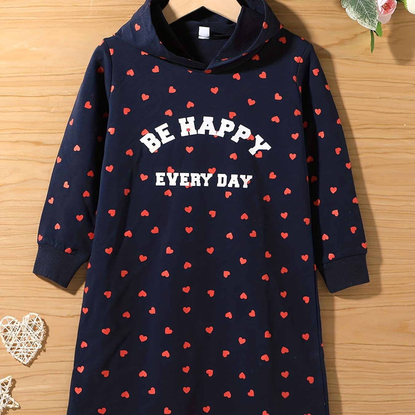 Girls Hearts Hooded Pullover Dress for Spring and Autumn