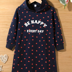 Girls Hearts Hooded Pullover Dress for Spring and Autumn