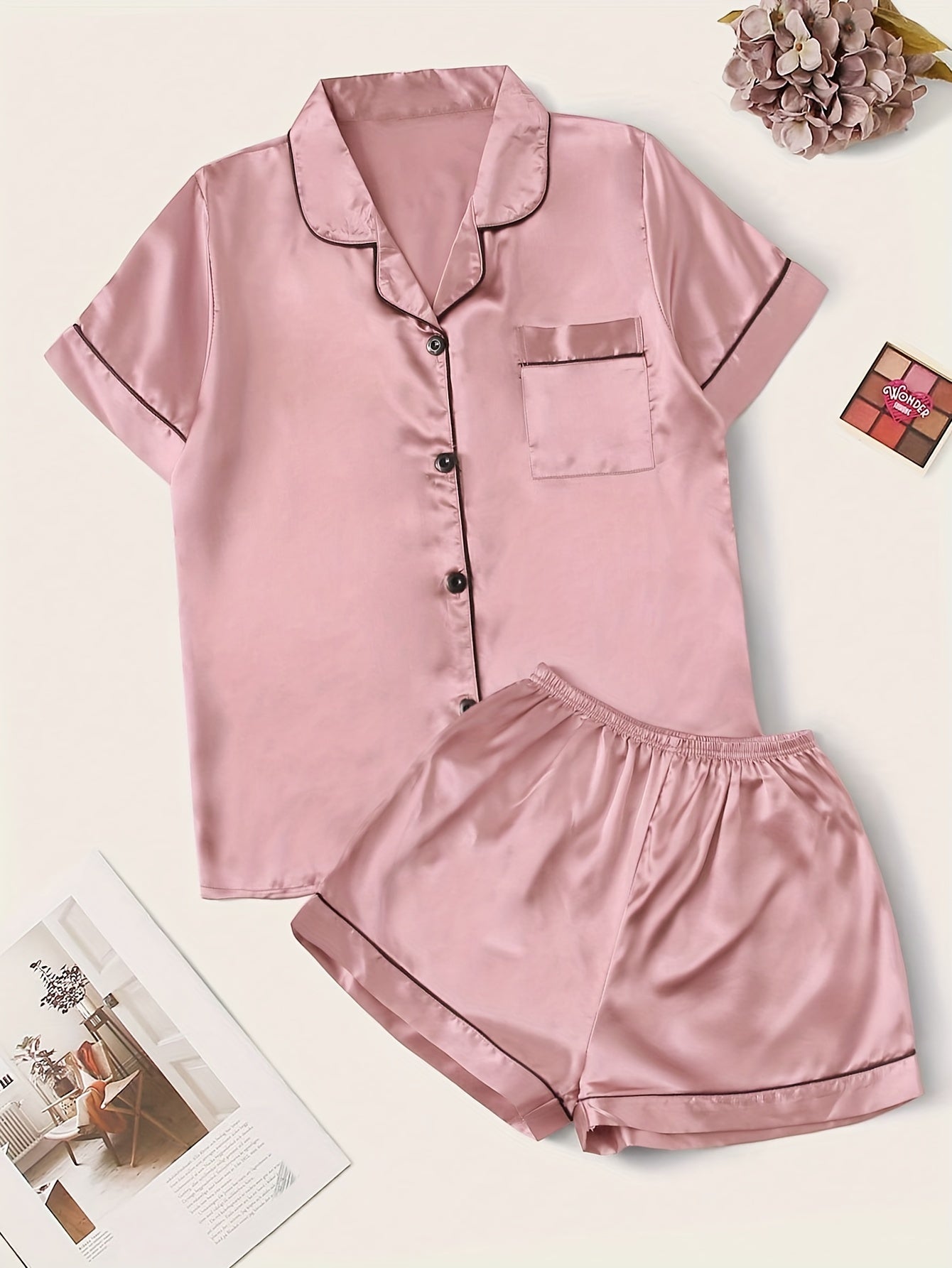 Satin Pajamas Set Short Sleeve Buttons Top & Shorts Women's Sleepwear
