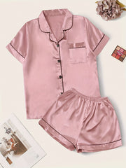Satin Pajamas Set Short Sleeve Buttons Top & Shorts Women's Sleepwear