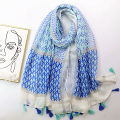 Boho Floral Print Tassel Scarf Block Shawl Casual Windproof Head Wrap