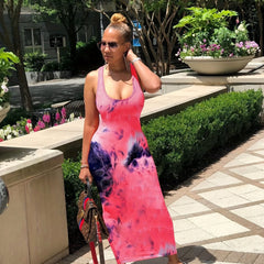 Tie Dye Print Maxi Dress Backless Bodycon Sleeveless