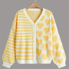 Stripe & Heart Print Button Up Sleeve Cardigan