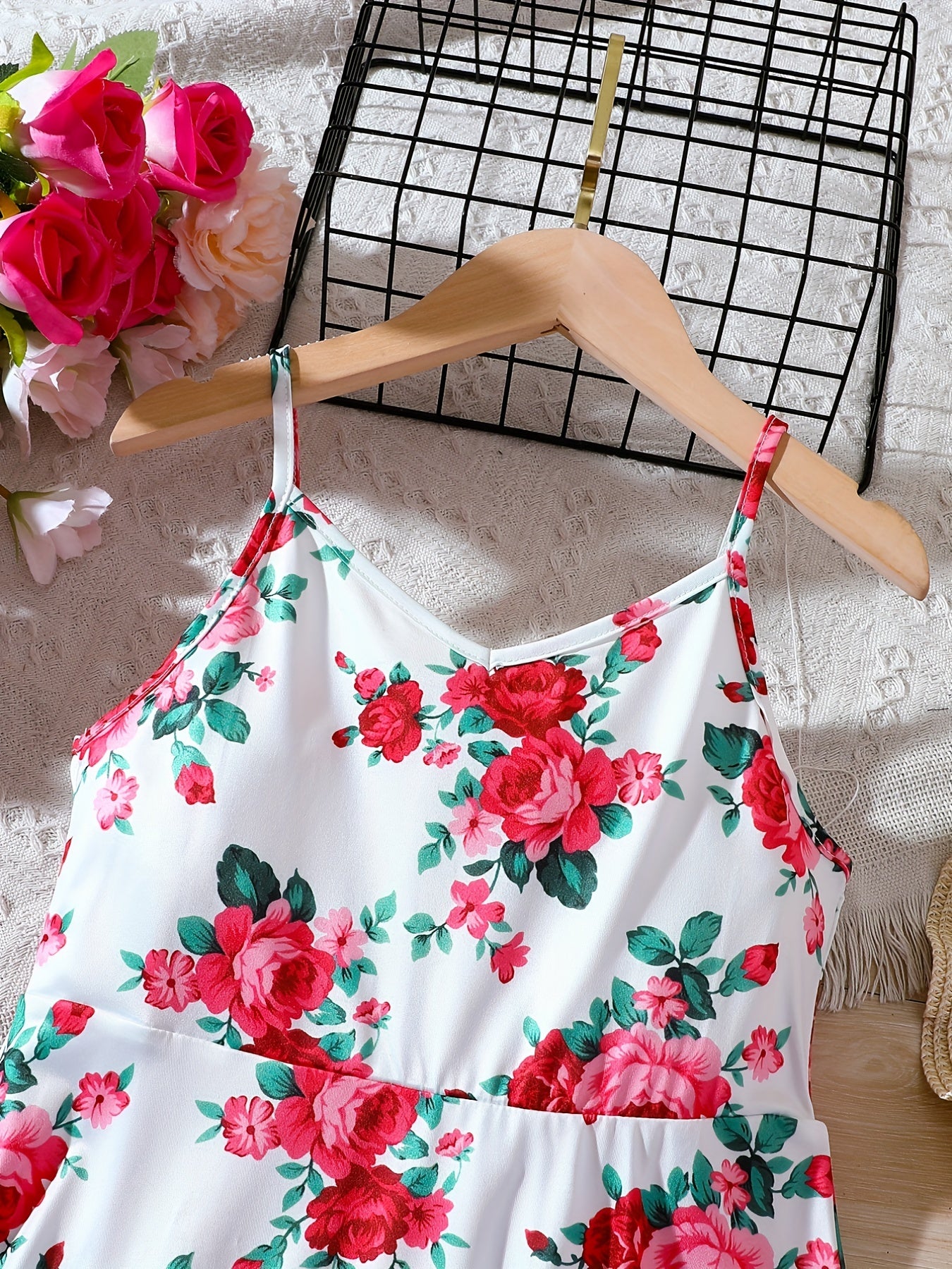 Girls Rose Flower Print Cami Dress For Party Vacation