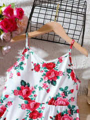 Girls Rose Flower Print Cami Dress For Party Vacation