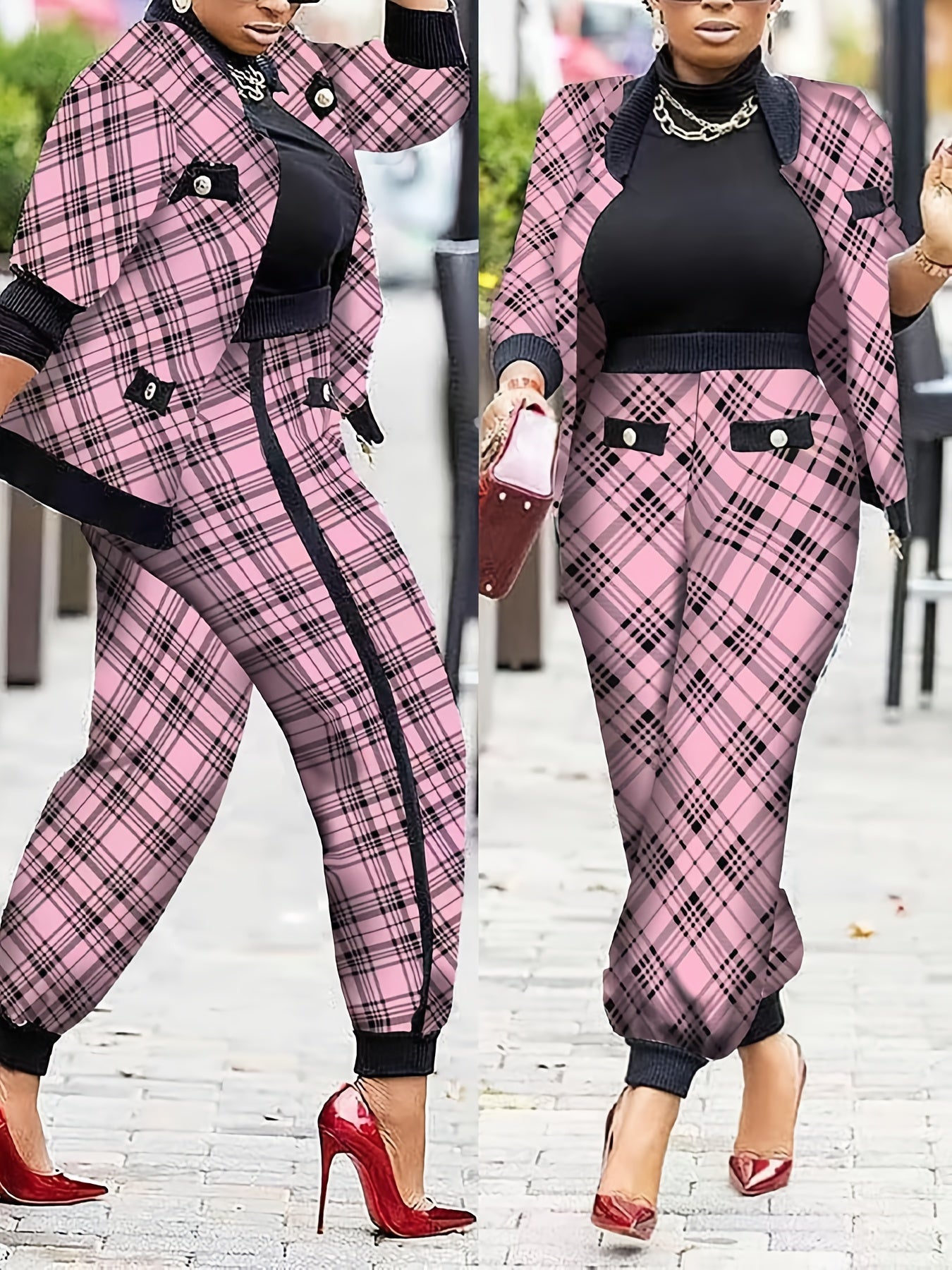 Plaid Print Jacket & Pants Set Women's Plus