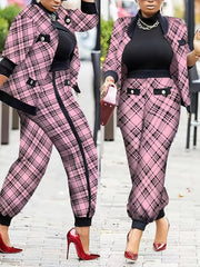 Plaid Print Jacket & Pants Set Women's Plus
