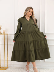 Retro Dress Long Sleeve Ruffle Trim V Neck Maxi Dress