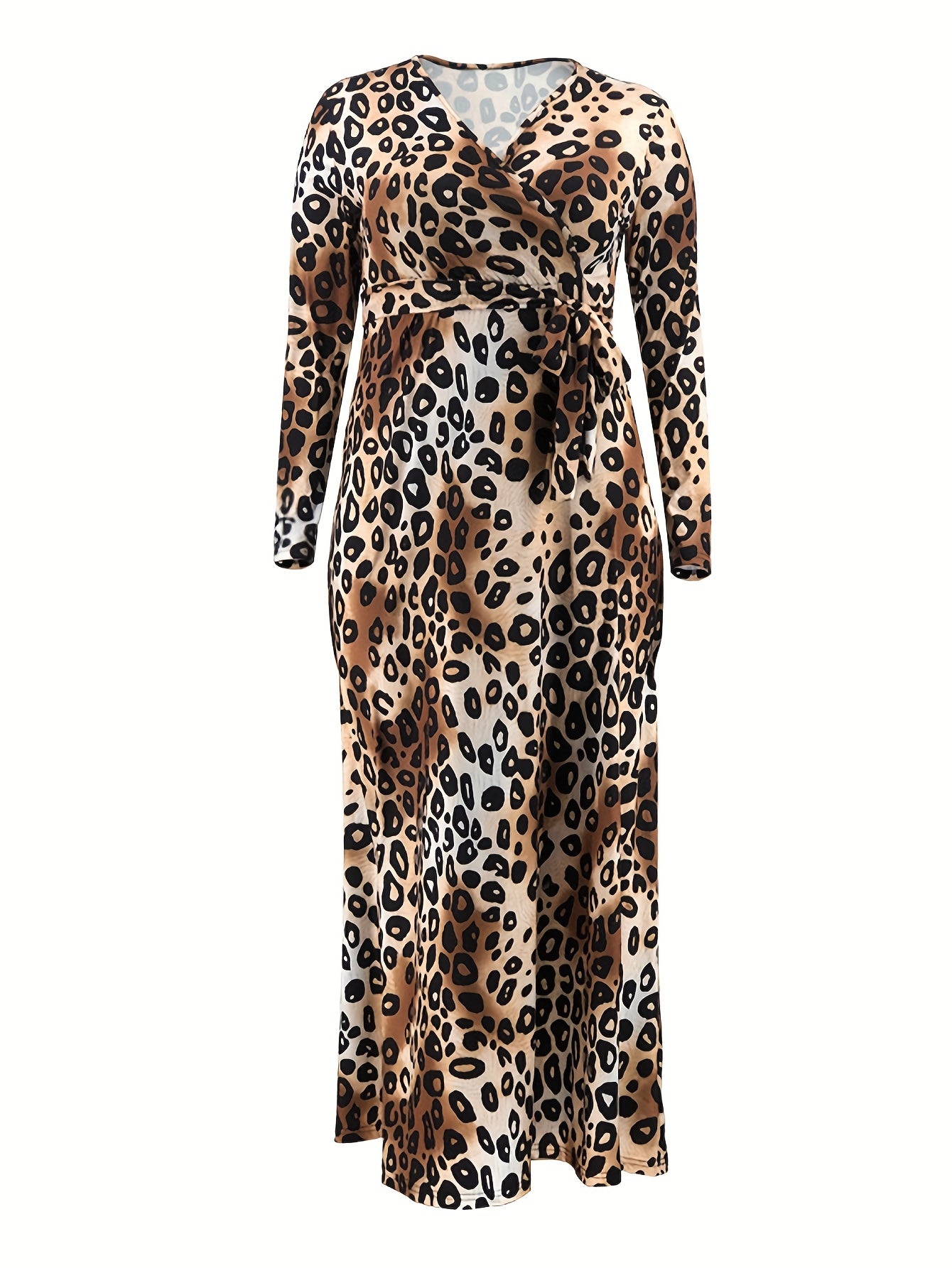 Leopard Print Maxi Dress Long Sleeve Surplice Neck