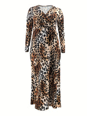 Leopard Print Maxi Dress Long Sleeve Surplice Neck