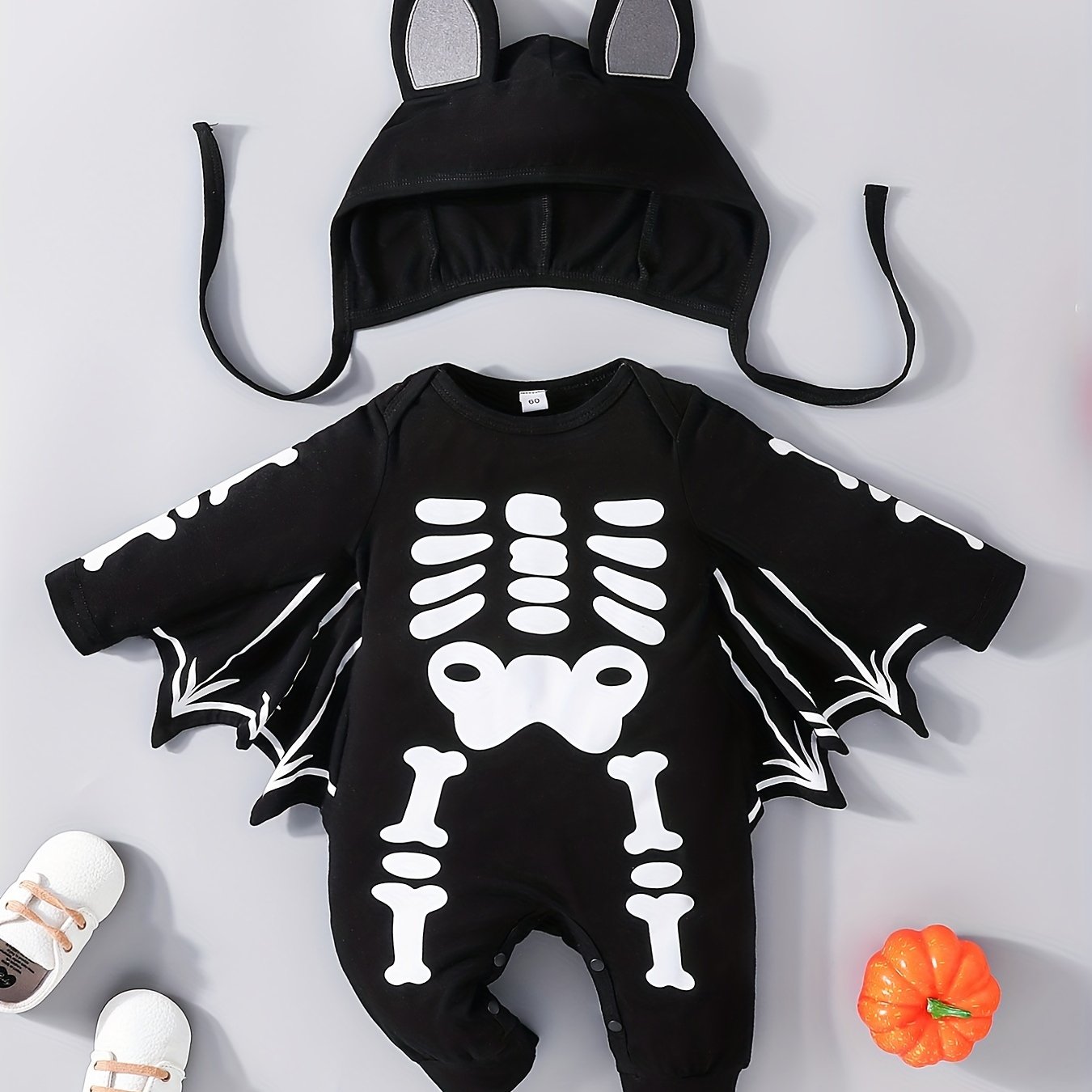 Halloween Bat Skull Print Romper & Hat Baby Outfit