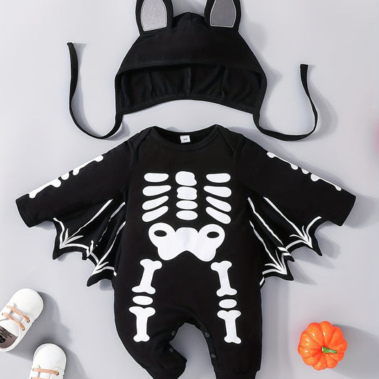 Halloween Bat Skull Print Romper & Hat Baby Outfit