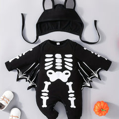 Halloween Bat Skull Print Romper & Hat Baby Outfit