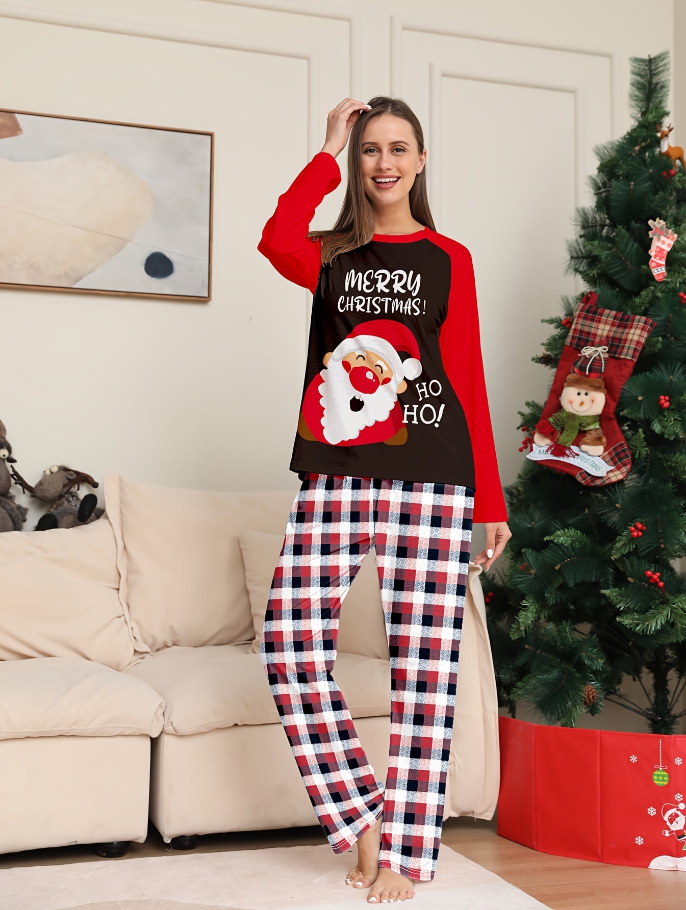 Christmas Print Pajama Set Long Sleeve Top & Plaid Pants Sleepwear