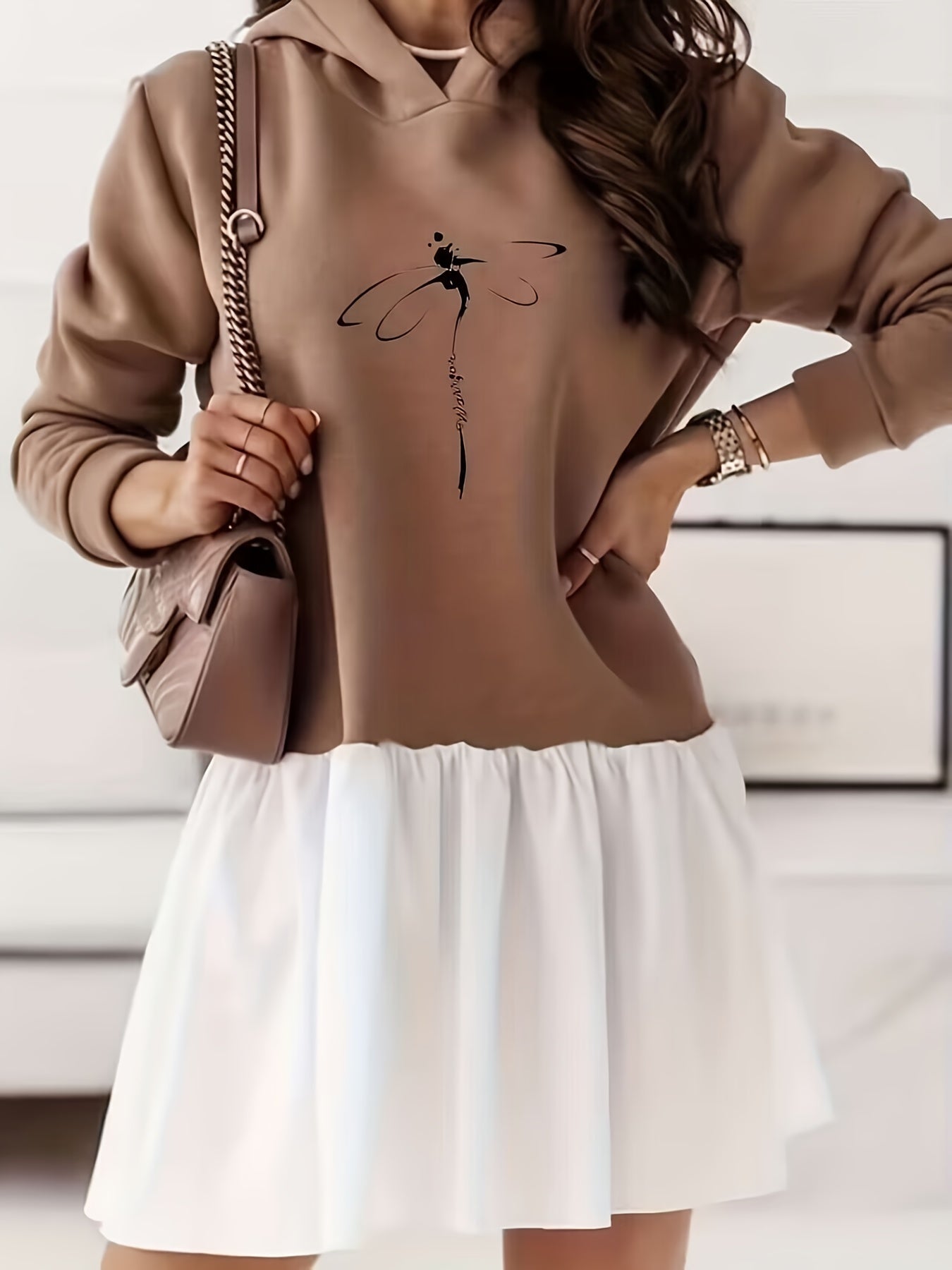 Dragonfly Print Hooded Dress Casual Long Sleeve Stitched Dress