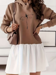 Dragonfly Print Hooded Dress Casual Long Sleeve Stitched Dress