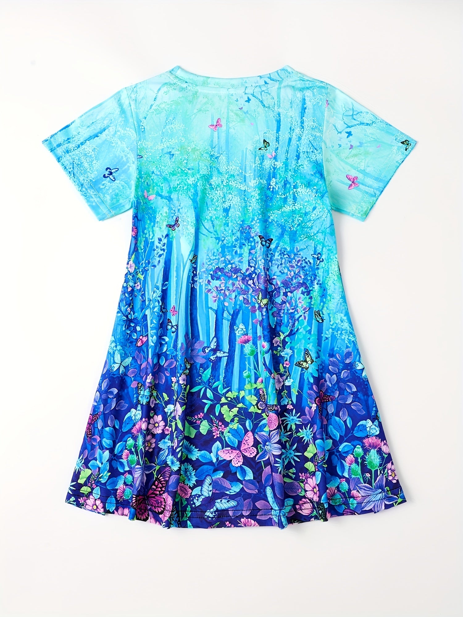 3D Print Magic Forest Graphic Flower Short Sleeve Dress Girls