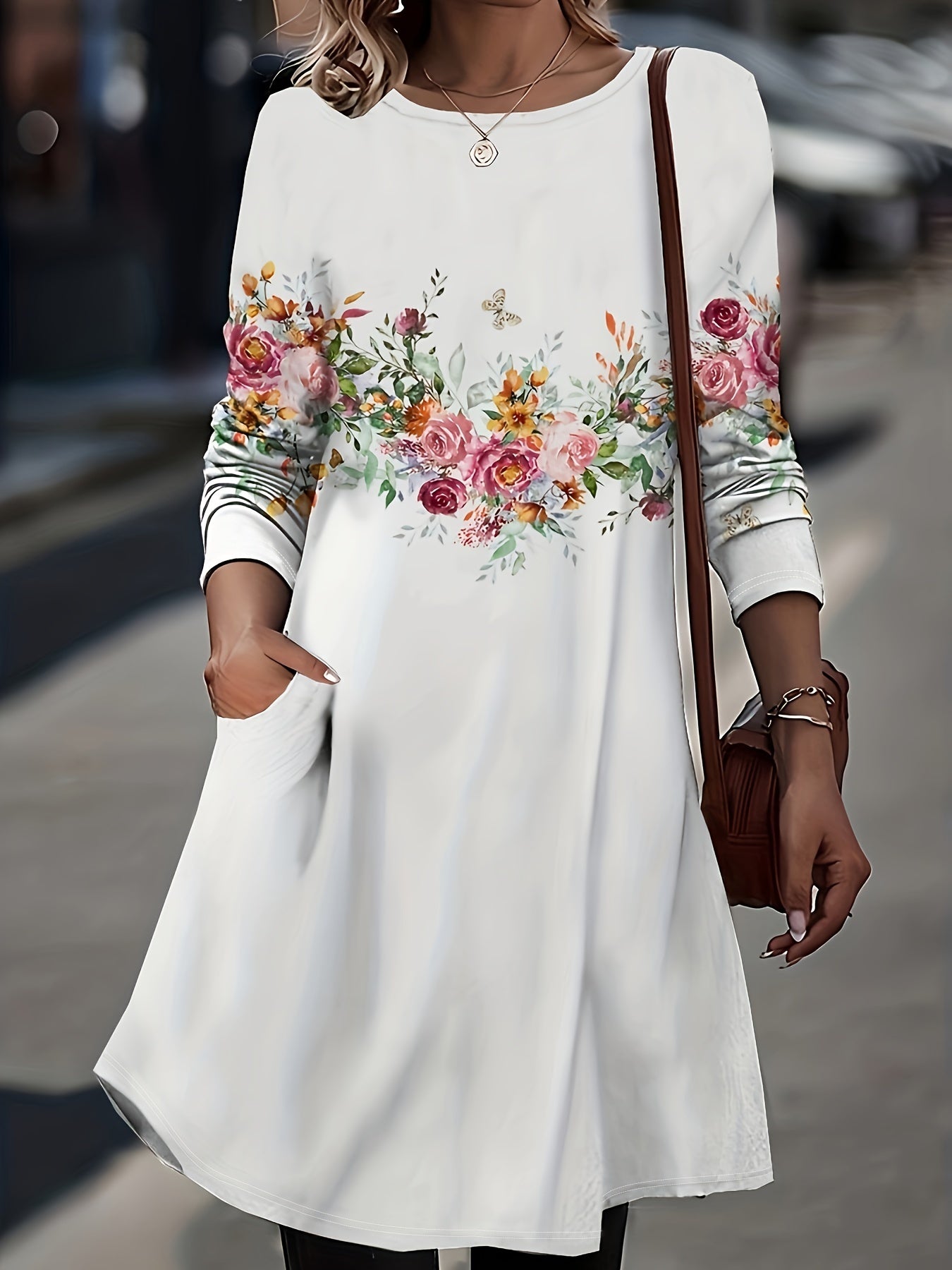 Floral Print Long Sleeve Round Neck Dress With Pockets
