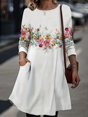 Floral Print Long Sleeve Round Neck Dress With Pockets
