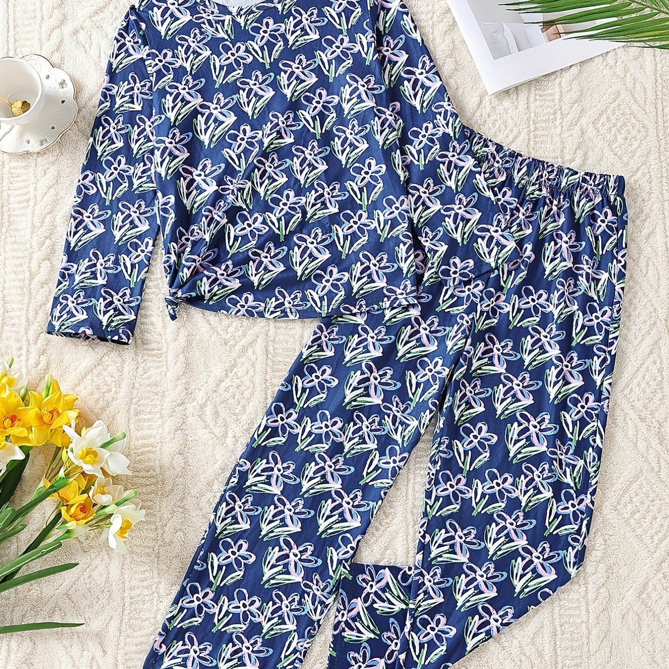 Girls 2pcs Pajamas Set Floral Print Long Sleeve Round Neck Pullover Loungewear