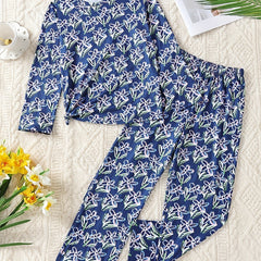 Girls 2pcs Pajamas Set Floral Print Long Sleeve Round Neck Pullover Loungewear