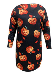 Plus Size Pumpkin & Leaf Print Long Sleeve Dress