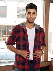 Plaid Print Men's Casual Button Up Long Sleeve Hooded Shirt