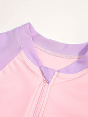 Comfy Stretchy Splicing Long Sleeve Half Zip Swimwear For Girls