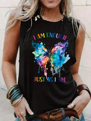 Butterfly Print Tank Top Sleeveless Crew Neck Casual Top