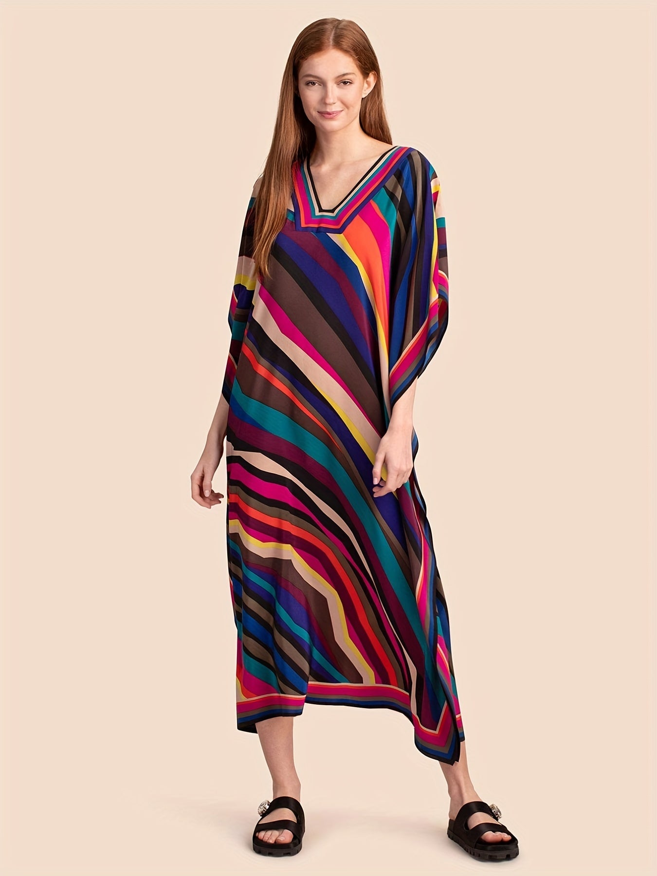 Colorblock Stripe Print V Neck Bat Sleeve Maxi Cover Up