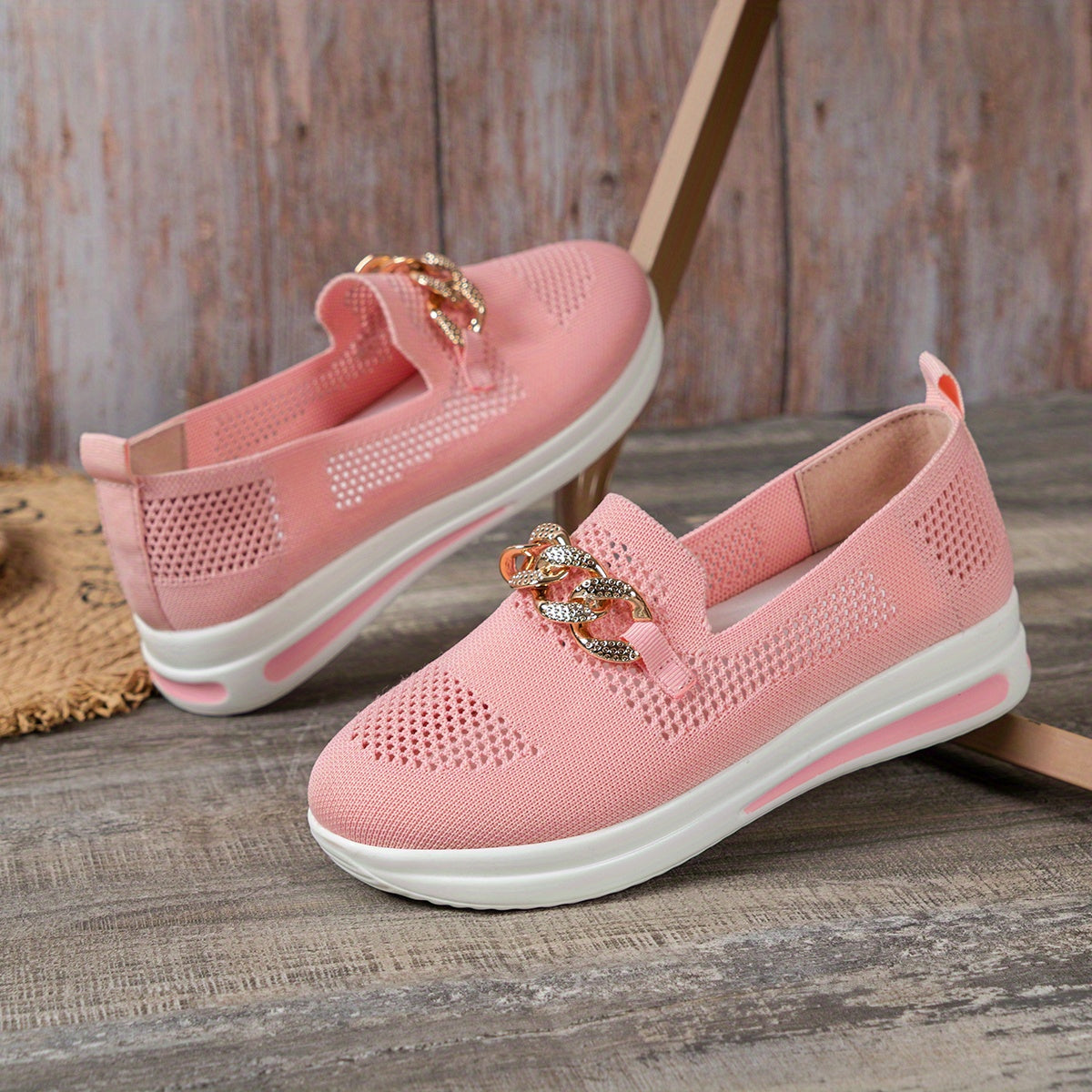 Knit Sock Shoes Metal Chain Slip On Low Top Casual Flat Shoes