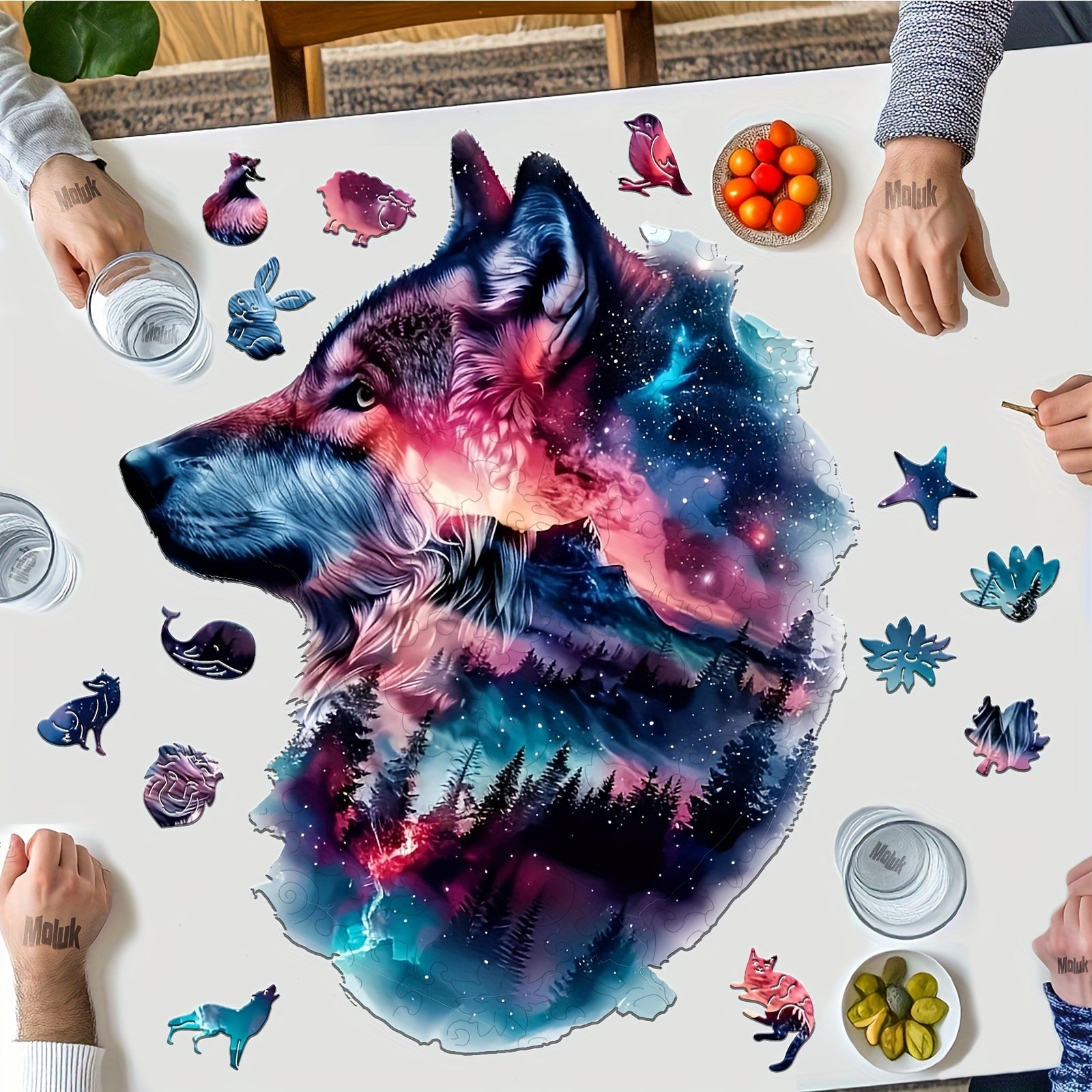 Starry Night Wolf Jigsaw Puzzle with Animal Shapes