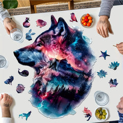 Starry Night Wolf Jigsaw Puzzle with Animal Shapes