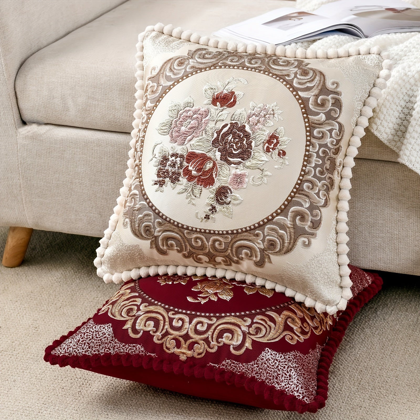 Chenille Embroidered Rose Floral Sofa Pillow Cover 19x19 Inches