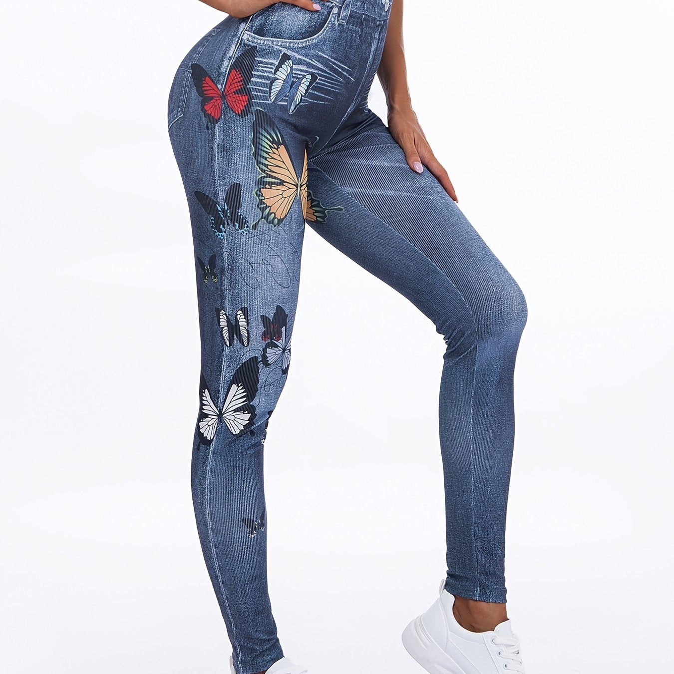 Women's Faux Denim Floral Yoga Pants High Waist Leggings