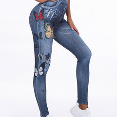 Women's Faux Denim Floral Yoga Pants High Waist Leggings