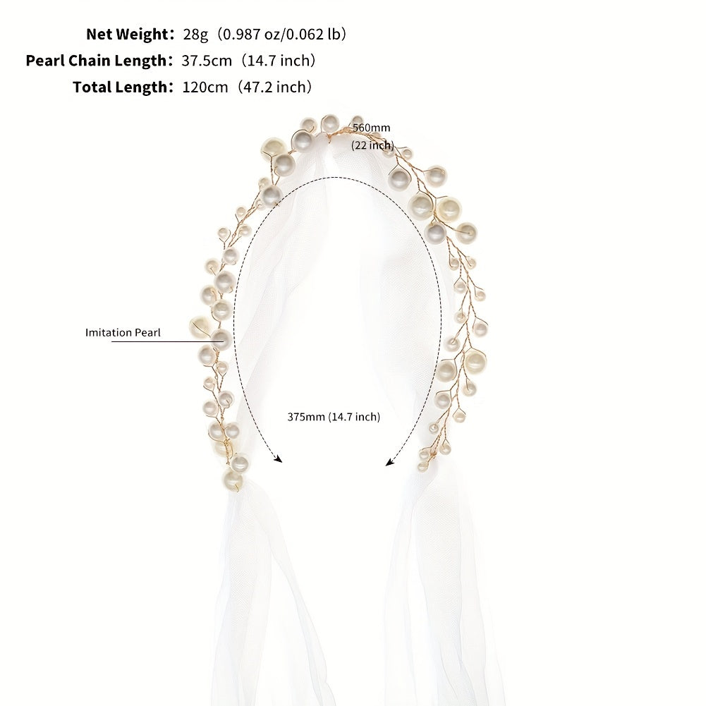 Mesh Long Headband With Faux Pearl Bridal Hair Band
