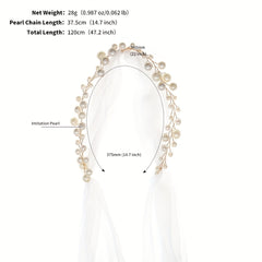 Mesh Long Headband With Faux Pearl Bridal Hair Band