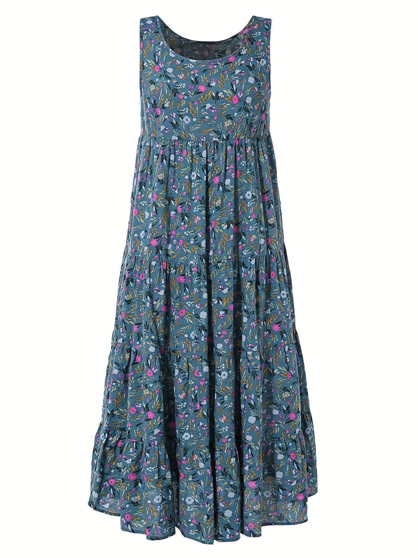 Floral Print Tank Dress Vintage Sleeveless Ruched Dress