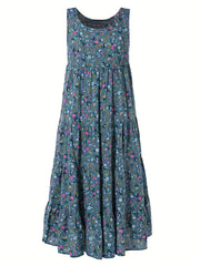 Floral Print Tank Dress Vintage Sleeveless Ruched Dress