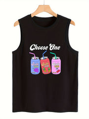 Drink & Letter Print Sleeveless Sports Vest Round Neck Casual Top