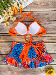 Leaf Print Ruched Skirted Swimsuit Set Tangerine Criss Cross 2 Piece Bikini