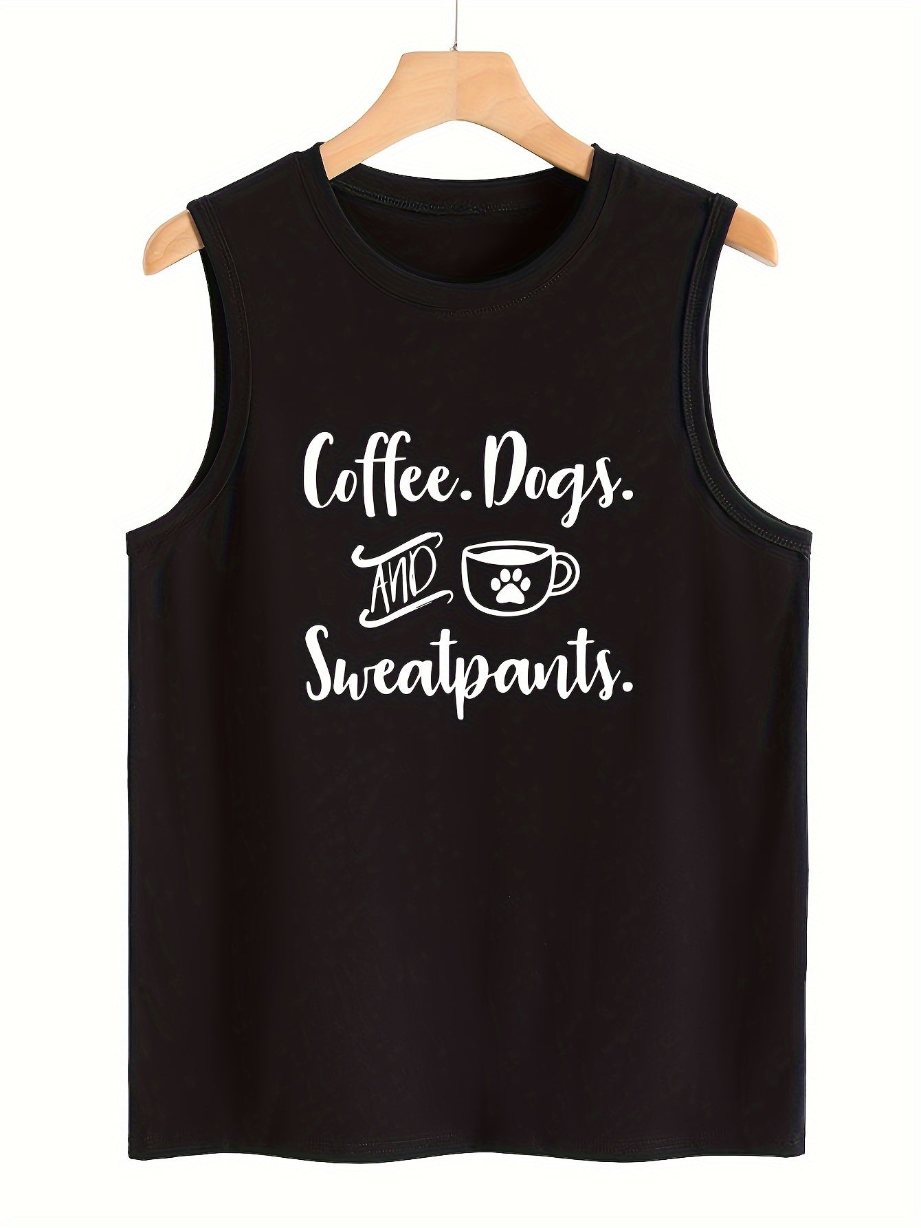 Coffee & Paw Print Sleeveless Sports Vest Round Neck Stretchy Casual Tops