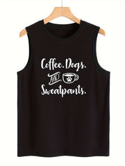 Coffee & Paw Print Sleeveless Sports Vest Round Neck Stretchy Casual Tops