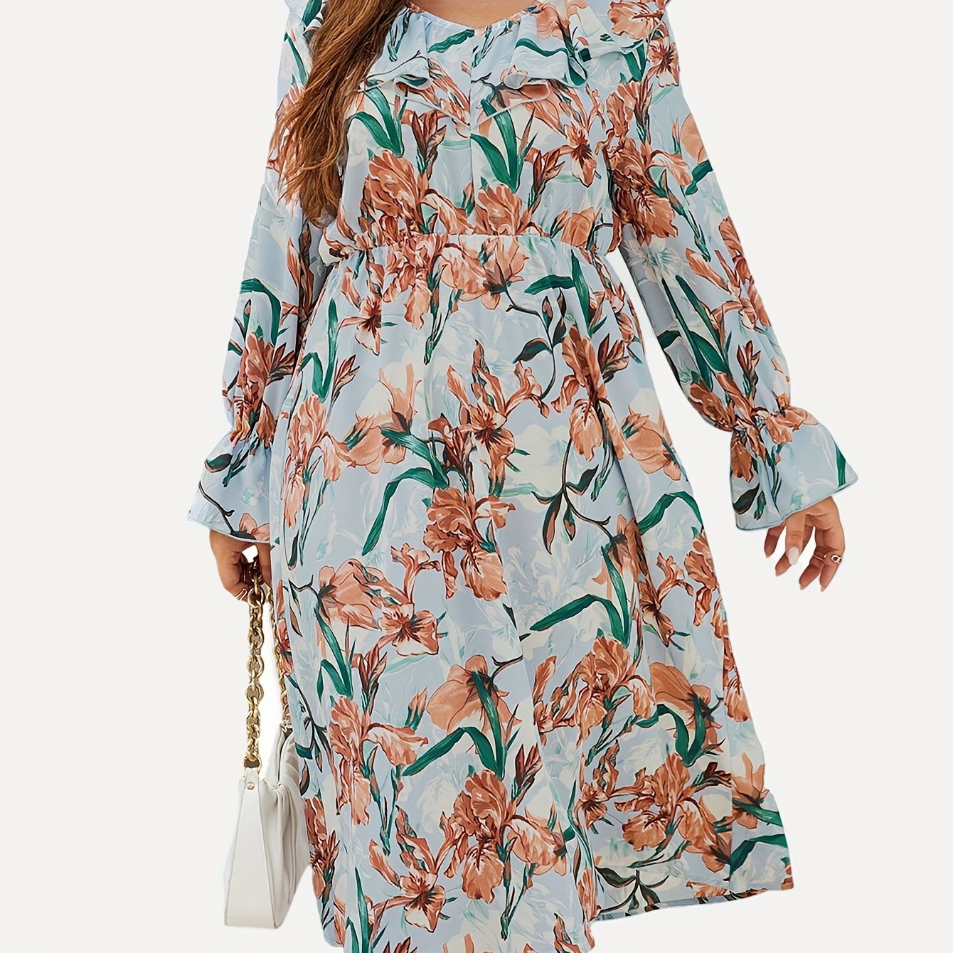 Floral Print Ruffle Sleeve V Neck Dress