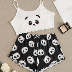Panda Print Pajama Set Cami Top & Bow Tie Shorts