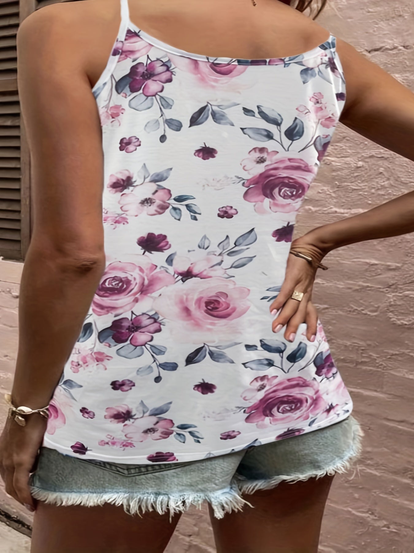 Floral Print Ring V Neck Tank Top High Stretch Cami