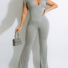 Solid V Neck Short Sleeve Bodycon Jumpsuit