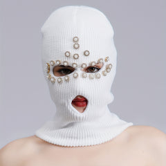 Faux Pearl Rhinestone Balaclava Hip Hop Ski Mask Y2K Knit Hat Neck Gaiter